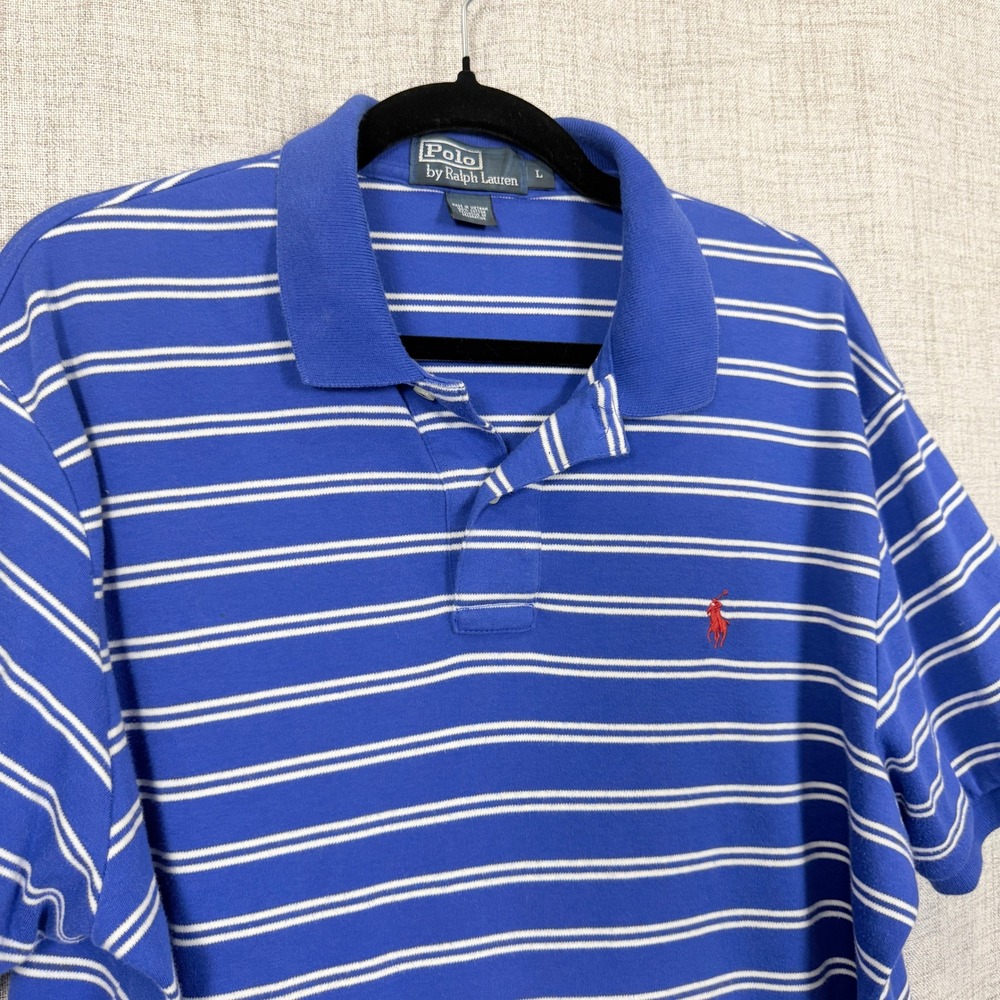 Polo Ralph Lauren Mens Polo Shirt Blue White Striped 100% Cotton L Preppy Pony - Picture 2 of 7